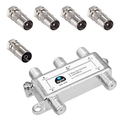 Immagine di HB DIGITAL SAT BK FM, splitter a 4 vie (4 vie) 5 2400 MHz * digitale &amp; analogico compatibile completamente schermato DVB S S2 FM TV via cavo C incluso adattatore IEC