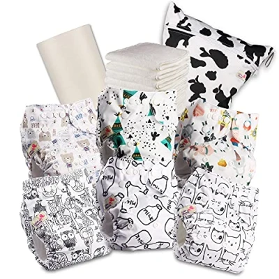 Immagine di Littles and Bloomz Pannolino per bambini in tessuto, riutilizzabile, con tasca, bottoni automatici standard, 6 pannolini + inserti, 1 fodera bambù usa e getta, borsa bagnati, 603PM6