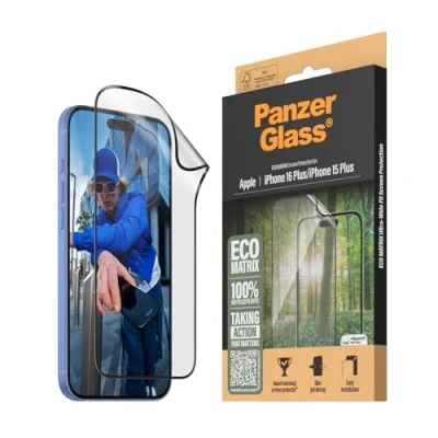 Immagine di PanzerGlass Pellicola Protettiva Eco MATRIX per iPhone 16 Plus, Plastica Riciclata al 100%, Resistenza extra ai Graffi, Resistente agli Urti, Ecologica, applicazione facile