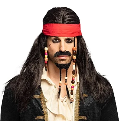 Immagine di Boland 86343 Parrucca Pirata Tobias con bandana, barba, baffi e perle, capelli artificiali, acconciatura, bandito, ladro, capitano, accessorio, festa a tema, carnevale
