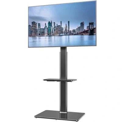 Immagine di Hemudu Supporto TV da Pavimento Regolabile in Altezza 16 Livelli, Porta Terra Mobile per LCD LED 19 a 43 Pollici, Staffa Girevole 100º, Fino 45 kg, Max VESA 200 x200 mm, 2 Ripiani