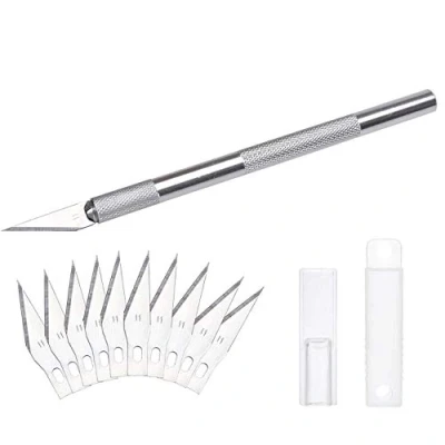Immagine di DealKits Set di 10 lame ricambio SK5 e cappuccio protezione, taglierino, coltello per hobby, da intaglio il taglio fondente in stoffa pellicola carbonio (argento)