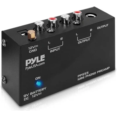 Immagine di Pyle Preamplificatore Phono Mini per Giradischi, Amplificatore Audio Stereo con Vano Batteria 9 Volt, Adattatore DC 12 Ingressi e Uscite RCA, Basso Rumore