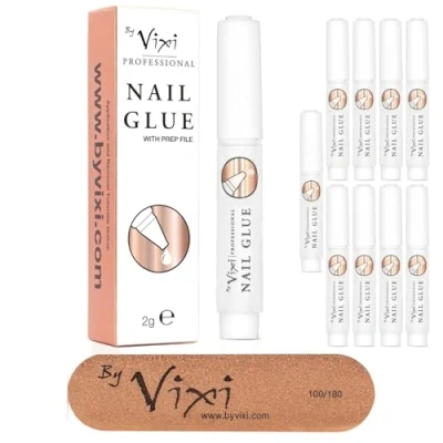 Immagine di By Vixi 10x 2g COLLA PER UNGHIE ULTRA FORTE con FILE PREPARAZIONE GRATUITO Adesivo chiaro, istantaneo asciutto, qualità professionale da salone di bellezza