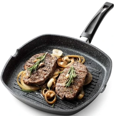 Immagine di Bistecchiera Piastra Da Cucina Antiaderente 24 cm Adatta a Induzione Manico Soft Touch In Alluminio Pressofuso Griglia Rettangolare (24 cm)