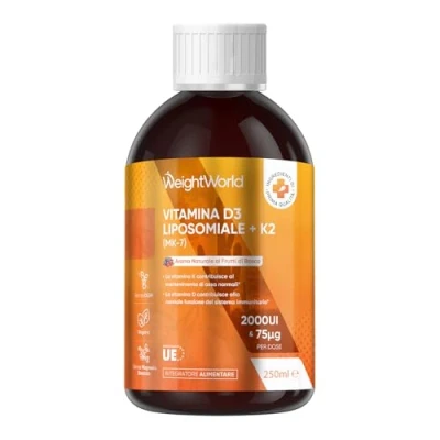 Immagine di Vitamina D3 K2 Gocce Liposomiale 250ml Vegan, 2000 UI + 75µg, 50 Dosi ai Frutti Rossi, D per Difese, Ossa, Denti, Muscoli, MK7, Colecalciferolo Menachinone