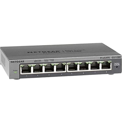 Immagine di Switch Gigabit Ethernet Plus a 8 porte NETGEAR (GS108E) Managed, montaggio desktop o parete e garanzia limitata vita