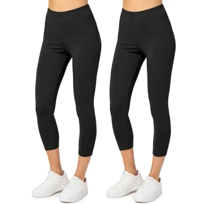Immagine di Merry Style Leggings Donna 3/4 Pantaloni Capri Morbidi e Confortevoli Leggins in Cotone Traspirante Elastici Delicati sulla Pelle Sensibile (2 Pack) MS10 199 (Nero/Nero, M)