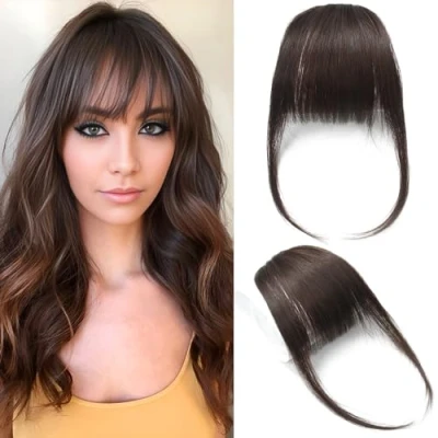Immagine di Fermaglio per Capelli con Frangia In Frangetta Veri Estensioni Piatta Aste, Colore Marrone Scuro