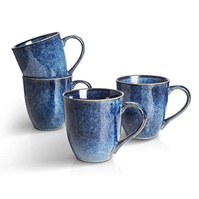 Immagine di vicrays Set di 4 tazze da tè in porcellana 350 ml, per uomo e donna, smaltate uniche con manico, caffè, tè, latte, cacao, cereali (blu)