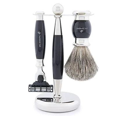 Immagine di Jag Shaving set da barba 3 pezzi con pennello barba, lamette rasoio, super per capelli di tasso supporto rasatura nero come regalo