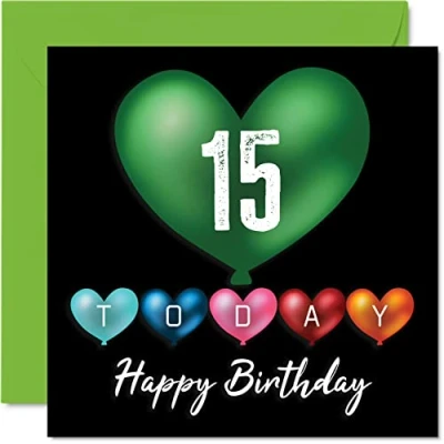 Immagine di Divertente biglietto di auguri per il 15 compleanno ragazzi e ragazze, con palloncini a forma cuore, figlio, figlia, fratello, sorella, nipote, cugino, 145 mm x