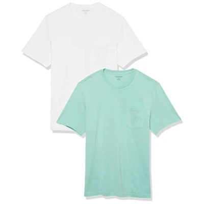 Immagine di Amazon Essentials Maglietta Girocollo a Maniche Corte con Taschino dalla vestibilità Standard Uomo, Pacco da 2, Bianco/Verde Acqua, XS