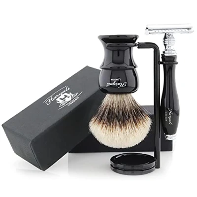 Immagine di Colore nero da uomo, set barba con nastro di punta barba, doppio supporto per rasoio e pennello lungo sicurezza.