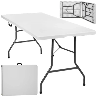 Immagine di TecTake® Tavolo da Campeggio Pieghevole con Maniglia, Salvaspazio, Giardino Base in Acciaio, Tavolino Portatile, Resistente alle Intemperie, 183 x 76 74 cm Bianco
