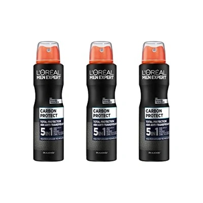 Immagine di L&#039;Oréal Men Expert Deodorante spray 5 in 1 contro la formazione di odori, umidità, batteri e residui bianchi per fino a 48 ore freschezza, Carbon Protect, 3 x 150 ml
