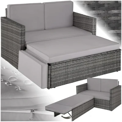 Immagine di TecTake® Divano Lounge in Rattan Corfù, Componibile, Pouf con Sostegno Pieghevole, Cuscini Spessi, Telaio Acciaio Verniciato, Alta Qualità, Comfort Superiore Grigio