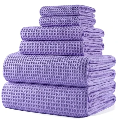 Immagine di POLYTE Oversize, 152,4 x 76,2 cm, set di asciugamani da bagno in microfibra ad asciugatura rapida, senza pelucchi, 6 pezzi (viola, trama a nido d&#039;ape)
