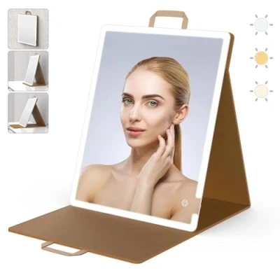 Immagine di WEILY Specchio Trucco con Luci, Pieghevole Portatile Grande, da Parete a 3 colori, 2000 mAh USB Ricaricabile Tavolo in Pelle PU (41X51CM)