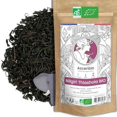 Immagine di Ascenbio ✿ Tè nero Nilgiri giardino Thiashola BIO, note fruttate 180 g sciolto Preparato e confezionato in Francia Imballaggio biodegradabile