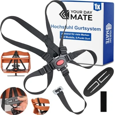 Immagine di Sistema di imbracatura a 5 punti per seggiolone, 1 Set, compatibile con Hauck, Stokke Tripp Trapp, Roba, ecc., in Nero, clip sul petto