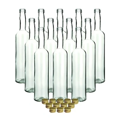 Immagine di gouveo Set 12 Bottiglie in Vetro Bordolese da 500 ml con Tappo a Vite Oro Bottiglia Rotonda Riempire Vuota per Liquore, Vino, Olio, Aceto (FBR500G)