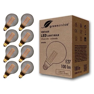 Immagine di greenandco 8x lampadina a LED di design vintage in stile retrò E27 G95 4W 100lm 1800K 320 230V, grigio fumo, nessun sfarfallio, non dimmerabile