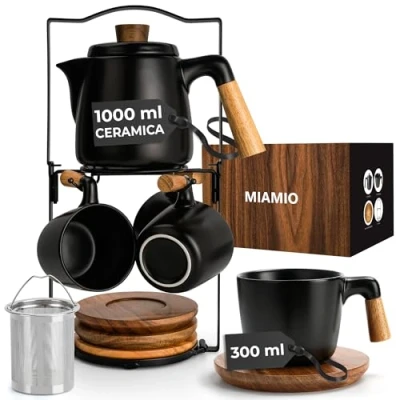 Immagine di MIAMIO Set di teiera in ceramica da 963,9 g, con infusore e tazze/colino, 4 tazze tè (300 ml), piattini bambù per casa ufficio (nero)