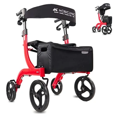 Immagine di Mobiclinic® PRO, Deambulatore per anziani, Pieghevole con una sola mano, Ruote grandi, Doppio sistema di frenata, Invicto, Allterrain, Cestino ampio, Sedile e schienale imbottiti, Altezza regolabile