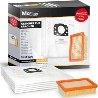 Immagine di McFilter 10 sacchetti per aspirapolvere adatti agli multiuso WD4, WD5, WD6, MV4, MV5, MV6 come KFI 487 + 1x filtro piatto pieghettato 4410 tipo di sacchetto KA 33