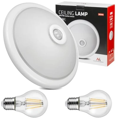 Immagine di Maclean Plafoniera MCE324 con sensore di movimento e crepuscolare inclusa lampadina luce interna Illuminazione lampada PIR IP20 360 E27 (Plafoniera 2x LED 4W bianco caldo A60)