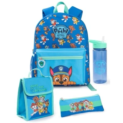 Immagine di Paw Patrol Set di zaini Boys Pacchetto zaino blu e verde da 4 pezzi per bambini con zaino, astuccio, borsa il pranzo bottiglia d&#039;acqua completo coordinato Chase Dog Crew Graphic