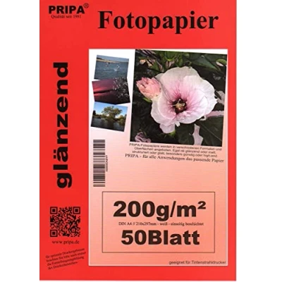 Immagine di Pripa 50 fogli di carta fotografica A4 200 g/qm lucida (lucida) istantaneo asciutto e resistente all&#039;acqua, colore bianco brillante, per stampanti a getto d&#039;inchiostro