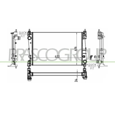Immagine di PRASCO OP035R004 Radiatore motore Alluminio 622mm 416mm 34mm con giunti rapidi Alette di raffreddamento montate meccanicamente OPEL: Corsa D Hatchback