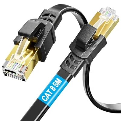 Immagine di Soibke Cavo Ethernet 5 Metri, di Rete Cat 8 Schermato LAN 5m Piatto 40Gbps 2000MHz Alta Velocità RJ45 Gigabit Internet Nero Patch Compatibile con Cat7/6/5 per Router(5 Clips)