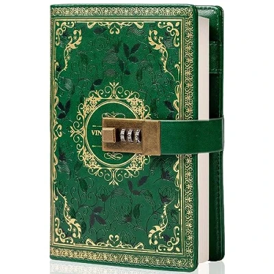 Immagine di TIEFOSSI Diario segreto in pelle vintage con lucchetto a combinazione, formato B6, motivo floreale rilievo, righe, per scrivere, regalo donne, ragazze e bambini (verde)