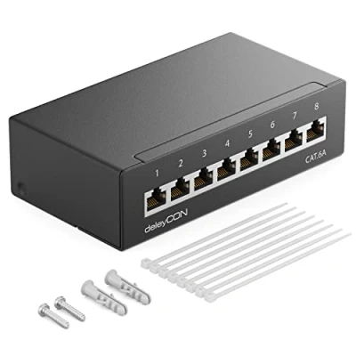 Immagine di deleyCON CAT 6a Pannello Patch Distribuzione con 8 Porte 1RU Montaggio a Parete e Desktop Schermatura Prese RJ45 Cavi d&#039;Installazione Rete Ethernet TIA568A TIA568B in RAL9005 Nero