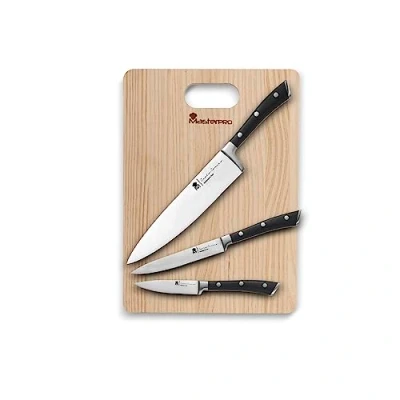 Immagine di Masterpro by Carlo Cracco Set 3 coltelli cucina in acciaio inossidabile e tagliere pino 35x25x3cm