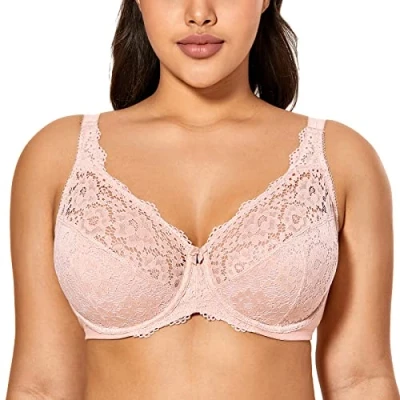 Immagine di DELIMIRA Donna Reggiseno in Pizzo con Ferretto Taglie Forti Sostegno Senza Imbottito Rosa Nudo 5D