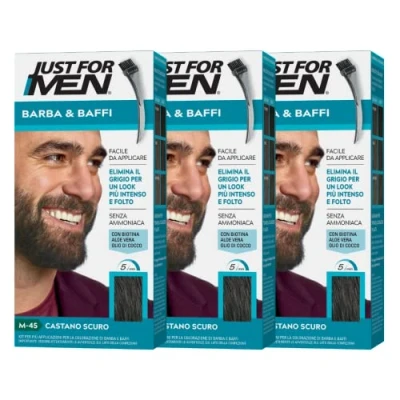 Immagine di Just For Men Barba &amp; Baffi, Tinta Per Uomo, Tintura Senza Ammoniaca, Elimina I Peli Grigi, Con Pettine Applicatore, Colore Castano Scuro, M45 (3 Pack)