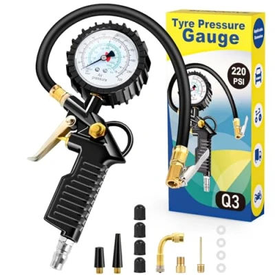Immagine di BURNNOVE Manometro per Pneumatici 220PSI Pistola Digitale e Compressore con 4 Tappi Valvola 2 Ugelli 1 Francese Stelo di Prolunga in Metallo 90 Gradi