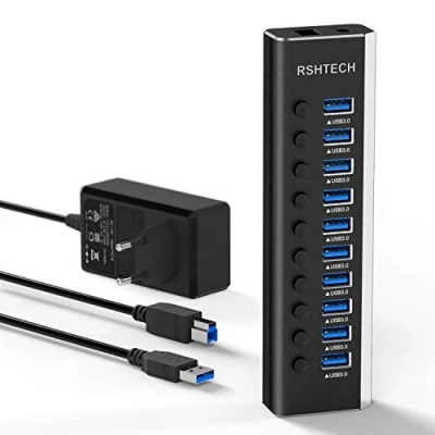 Immagine di RSHTECH Hub USB Attivo 3.0 con 36W(12V/3A) di Alimentazione Alluminio 10 Porte Interruttori LED e Adattatore Separati per Linux, Windows, Mac OS Altro (RSH A10)