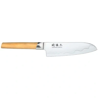 Immagine di Kai Seki Magoroku Composite Santoku Coltello 16,5 cm Lunghezza Lama Acciaio Inossidabile SUS420J2 56 HRC/Acciaio VG 10 61 HRC Manico in Legno di Pakka a venature Chiare Fatto Mano Giappone