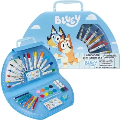 Immagine di Bluey Valigetta Colori per Bambini, Set Disegno, Penne a Matita Pastelli in Valigetta, Regali Bambini (Blu Custodia Mezza Luna)