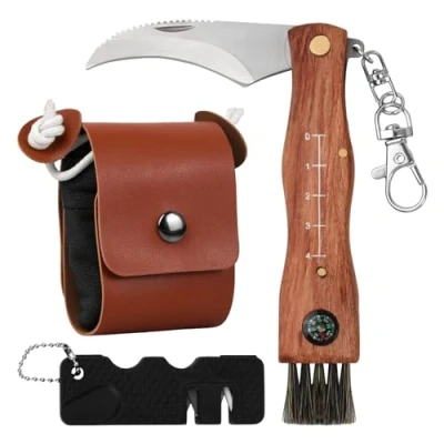 Immagine di Wisebom Coltello per Funghi Coltellino a Serramanico Raccogliere e Tartufi con Manico in Legno Lama Retrattile Affilata Pennello Righello Acciaio Inox da 7 cm (Nero)