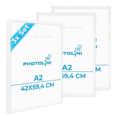 Immagine di PHOTOLINI cornici A2 42x59,4 cm bianco legno MDF, set di 3 per poster, plexiglass infrangibile, da parete, accessori extra inclusi foto, immagini e poster