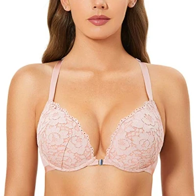 Immagine di DOBREVA Donna Reggiseno Push Up Apertura Frontale Pizzo con Ferretto Imbottito Scollatura Profonda Rosa Nudo 2D