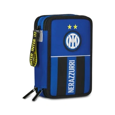 Immagine di Seven Inter Astuccio Scuola 3 Zip, Blu, Portapenne Triplo Scomparto Completo Di Penne, Matite, Colori, Elementare, Bambino, calcio
