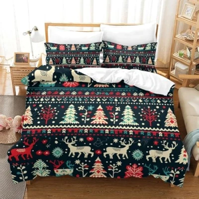 Immagine di TUOQIANNAN copripiumino matrimoniale, motivo albero di Natale stampato in 3D, set completo letto matrimoniale microfibra con cerniera, 1 2 federe 50x75 cm