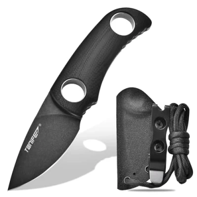 Immagine di TONIFE Runer Full Tang Coltello da Caccia campeggio a Lama Fissa 4,7cm con Guaina Kydex Regolabile Facile Portabile Cordino in Paracord per Sopravvivenza (Nero+Ossido Nero e poi stonewash)
